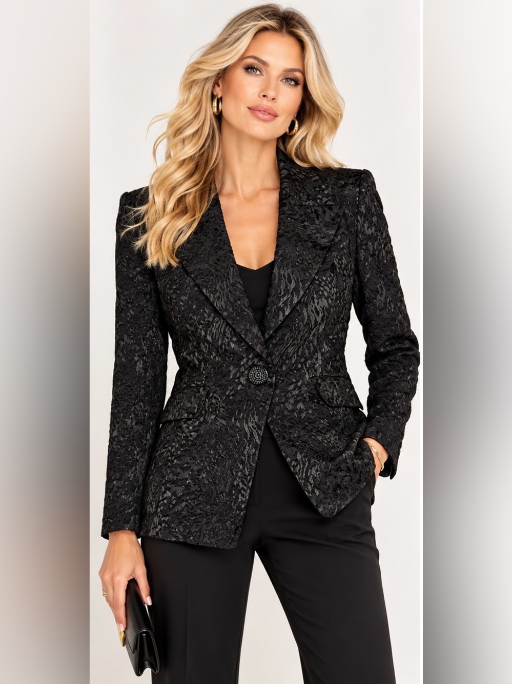 St. John Couture Black Textured Jacquard Blazer, Silk Lined, Size 14.